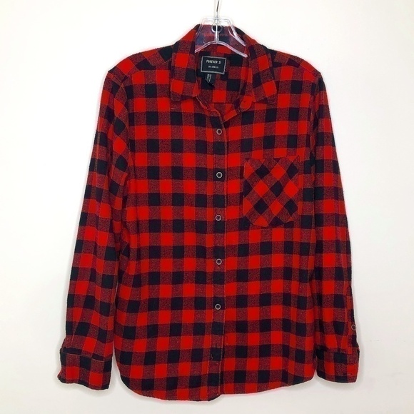 Forever 21 Red Plaid Button Down Shirt Women’s Medium Long Sleeve - Picture 1 of 5